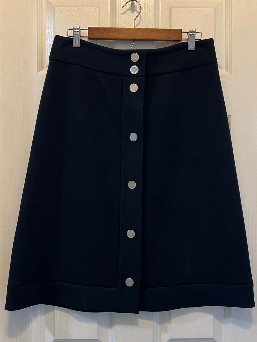 Michael Kors Navy Blue Button-Front A-Line Skirt with Silver Buttons